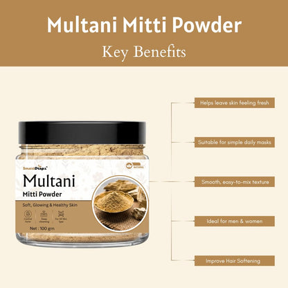 Smartdrops Multani Mitti Powder for Face | MultaniMitti Powder | face Multani Mitti Powder | Multani - Mitti powder for FacePack | Smoothening Face, Skin and Hair - 100g (Pack 1)