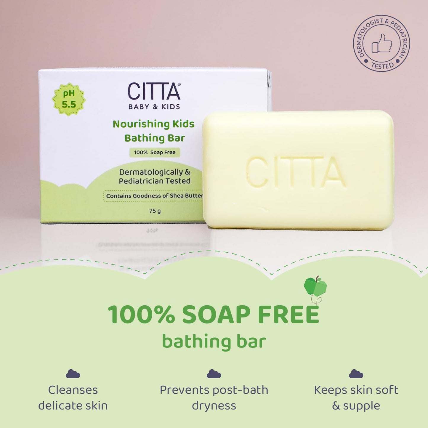 CITTA Bathing Bar for Babies & Kids | Soap-Free, No Tears | Dermatologist Approved pH Balanced Wash for Sensitive Skin | Shea Butter for Soft & Glowing Skin | 75g
