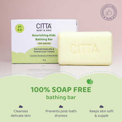 CITTA Bathing Bar for Babies & Kids | Soap-Free, No Tears | Dermatologist Approved pH Balanced Wash for Sensitive Skin | Shea Butter for Soft & Glowing Skin | 75g