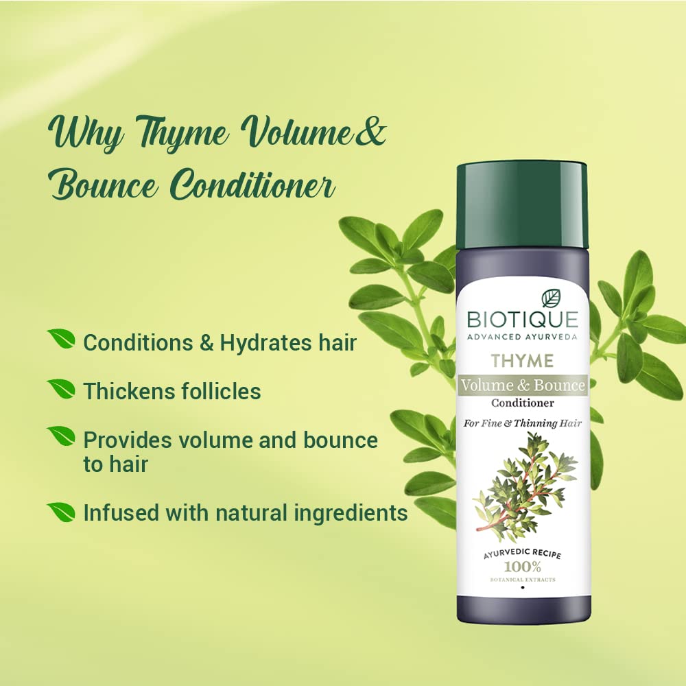 Biotique Thyme Volume & Bounce Conditioner bottle with text on a green background