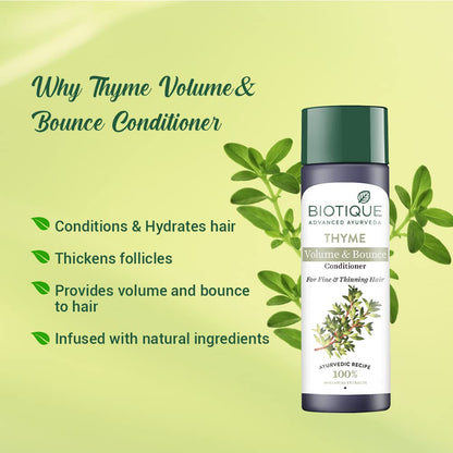Biotique Thyme Volume & Bounce Conditioner bottle with text on a green background
