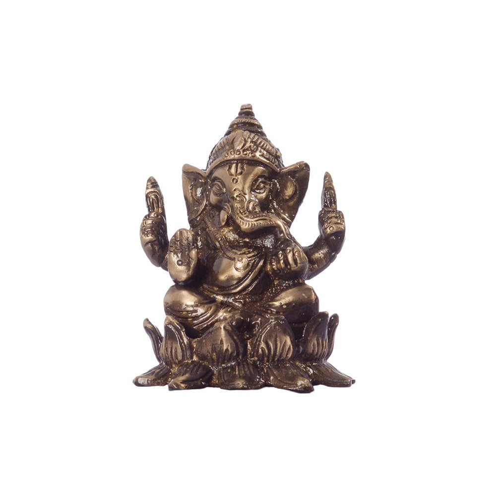 Antique Finish Lord Ganesha on Lotus Brass Idol (6.25 cm x 6.25 cm x 8.75 cm, Brown)