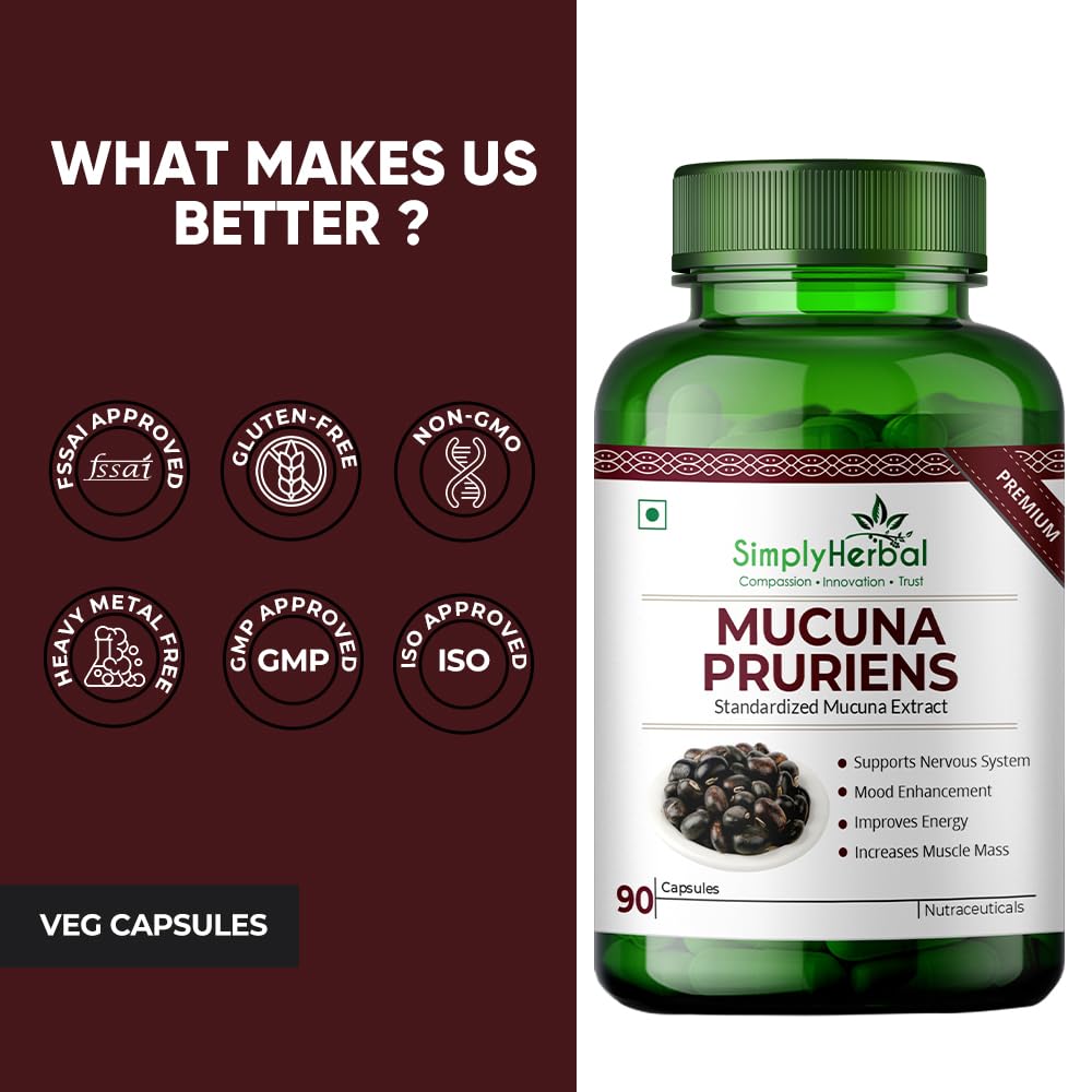 Green supplement bottle labeled 'Simply Herbal' with certification icons on a brown background