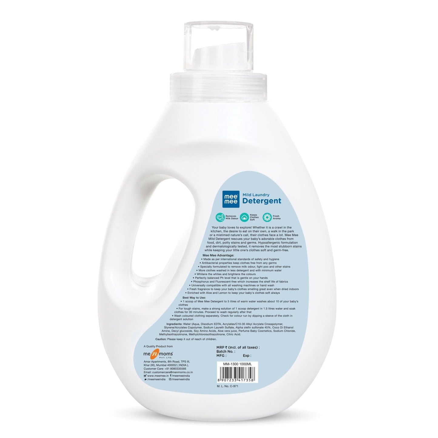 Mee Mee Baby Liquid Detergent 1 L | pH Balanced, Free from Harsh Chemicals, Safe for Mother’s Hands & Baby’s Skin | Anti-Bacterial, Removes Stains & Odor with One Drop, Hypoallergenic