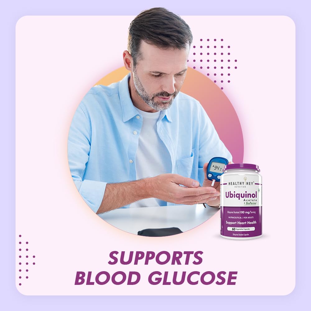 Man using a glucose meter with a bottle of Ubiquinol supplement on a light purple background