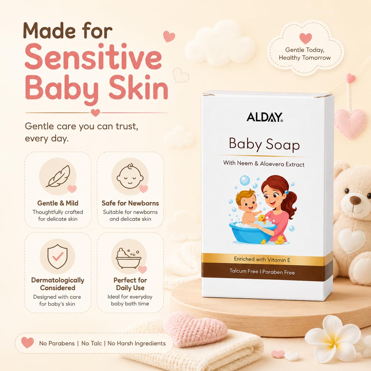 75g Baby Soap with Neem, Aloe Vera & Coconut Oil | Gentle, Moisturizing & Safe for Sensitive Skin | Paraben & Talc Free | Daily Baby Bath Soap
