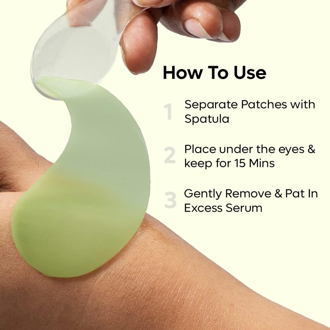 Eye patch being applied with a spatula on a wrist, accompanied by usage instructions.