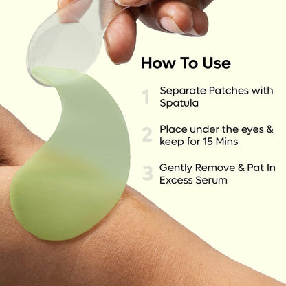 Eye patch being applied with a spatula on a wrist, accompanied by usage instructions.