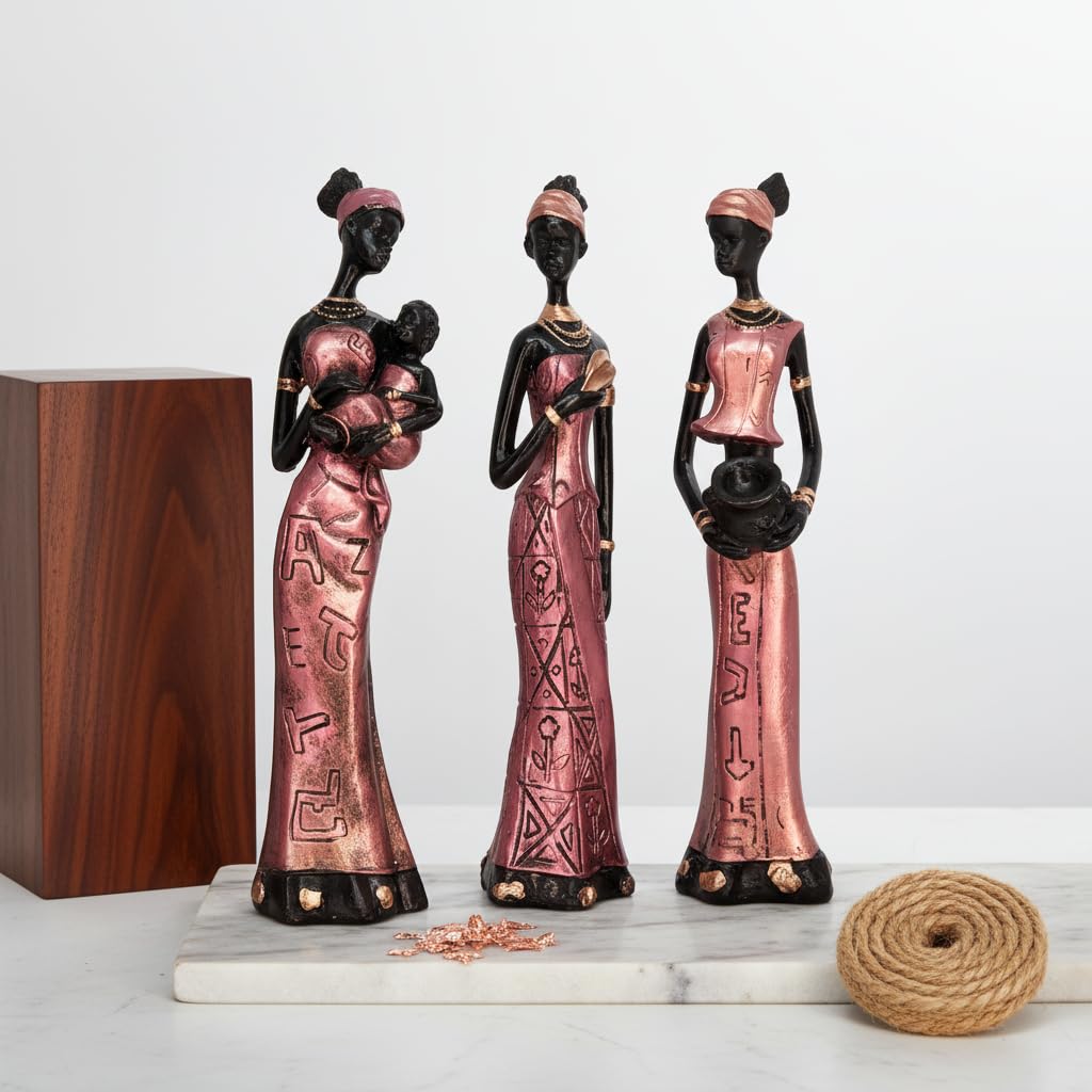 Home Decor African Tribal Women Art Piece (Set of 3, Rose Gold and Black Color)