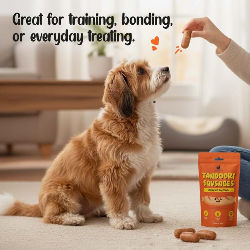 PETS EMPIRE Tandoori Sausages Dog Treats, 100g | Smoky Soft Chew Chicken Sausage Snacks| High Protein Training Treats | Soft & Chewy, Healthy Reward for Puppies & Adult Dogs