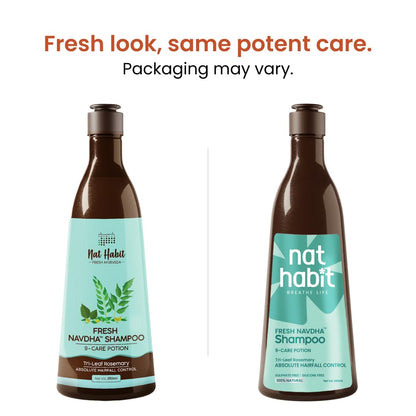 Two bottles of Nat Habit Fresh Navdha Shampoo on a white background with text about packaging variation.