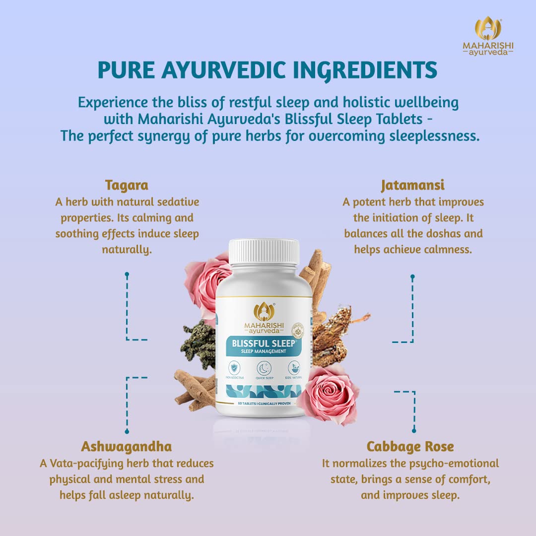 Maharishi Ayurveda Blissful Sleep Tablets For Sleep Management | Clinically Researched and Non-Habit Forming Melatonin - Free Ayurvedic Sleep Rasayanam with Ashwagandha (60 Tablets)

