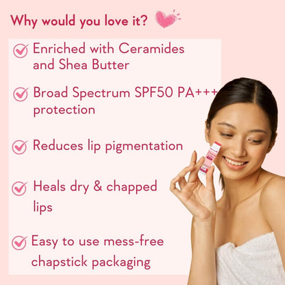 WishCare Tinted Ceramide Lip Balm with SPF50 PA+++ - Kojic Acid & Niacinamide - For Lip Lightening & Protection 5gm