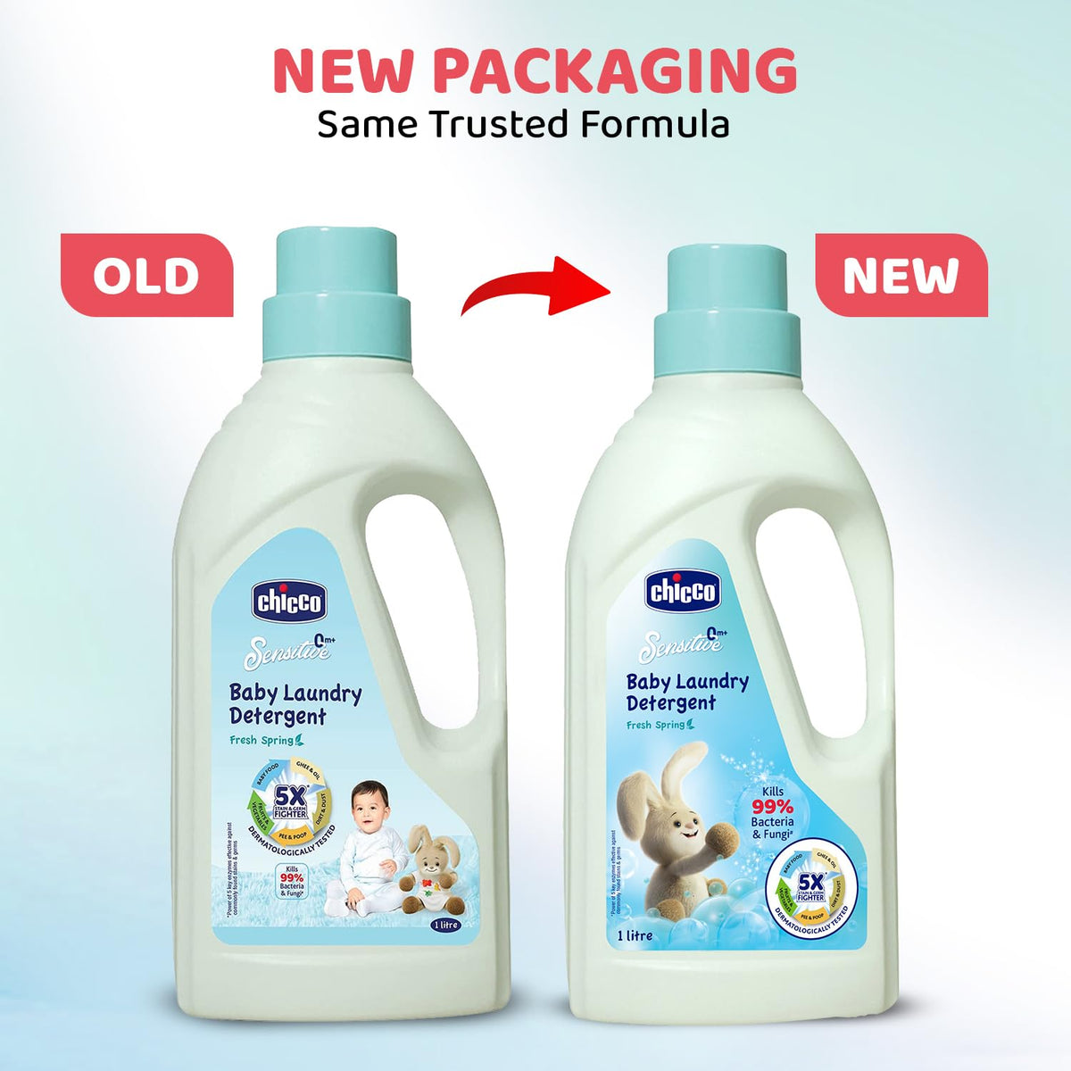 Chicco Baby Liquid Laundry Detergent, 5X Stain & Germ Fighter, Kills 99% Of Germs, Dermatologically Tested For Effective & Gentle Cleaning, Fresh Spring (1 L)