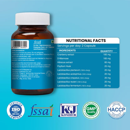ZEROHARM Narie White Discharge Capsules for Women | Nano formulated Cranberry, D-Mannose, Hibiscus & Probiotics | Vaginal Discharge Capsules | Supports pH Balance, Intimate Odour Control | 60 Capsules