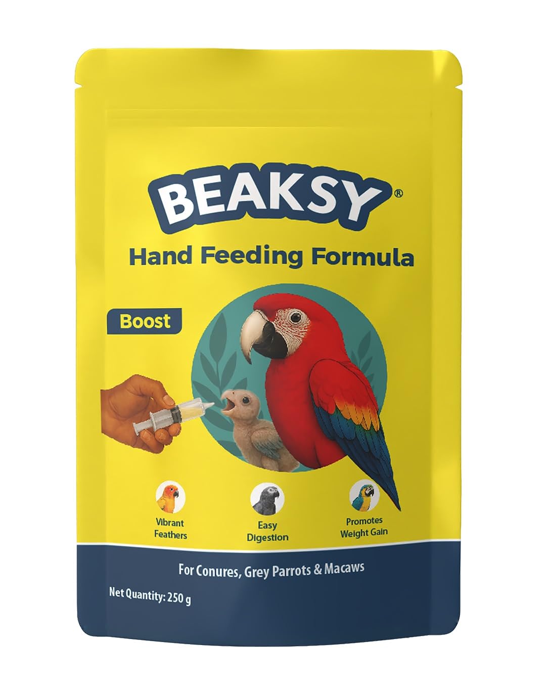 BEAKSY Boost Hand Feeding Formula for Baby Birds | for Conures, Grey Parrots & Macaws | Promotes Weight Gain, Vibrant Feathers & Easy Digestion (250gm)