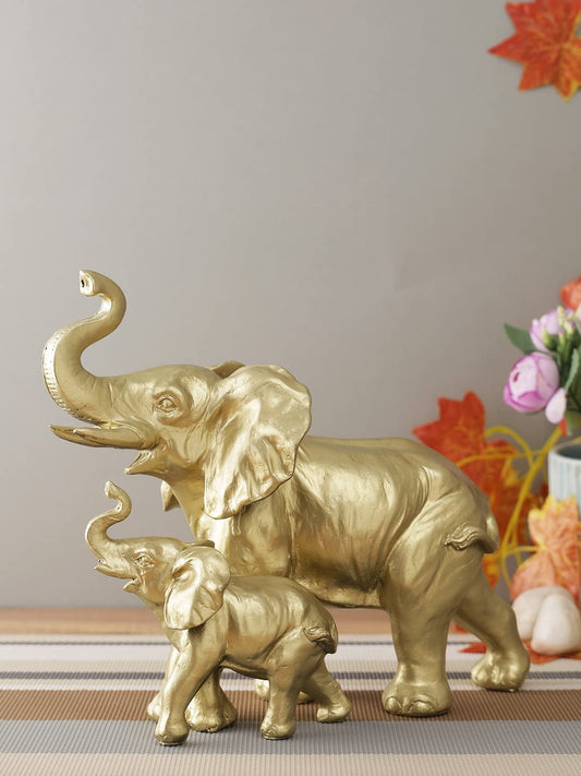 Resin Trunk Up Mother Elephant with Baby Showpiece, Ethiopian Elephant Figurine, Home Decor Items, Home Decoration Items for Living Room Hall Office Desk Return Gift Gold (8 Inch Height)