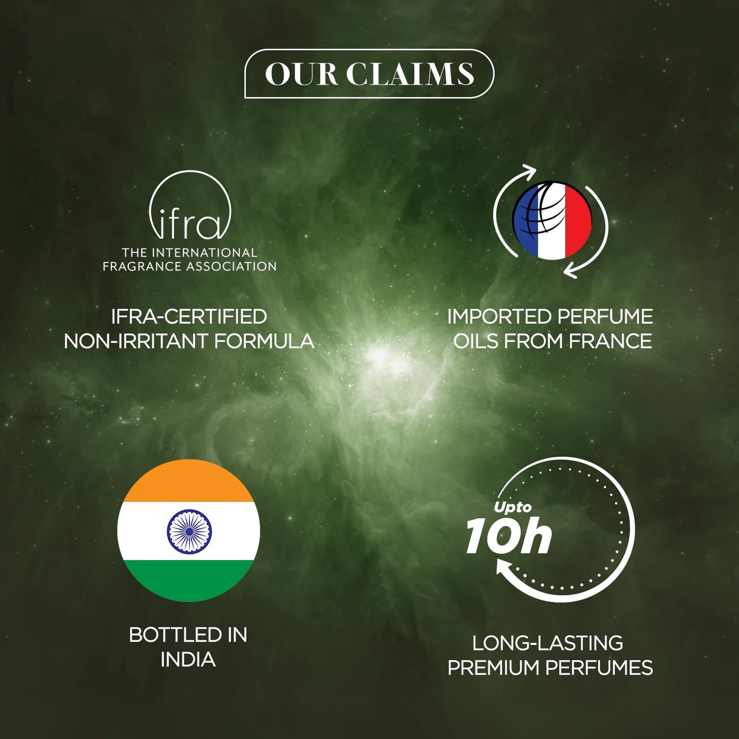Promotional graphic with claims about perfume quality and origin on a green background