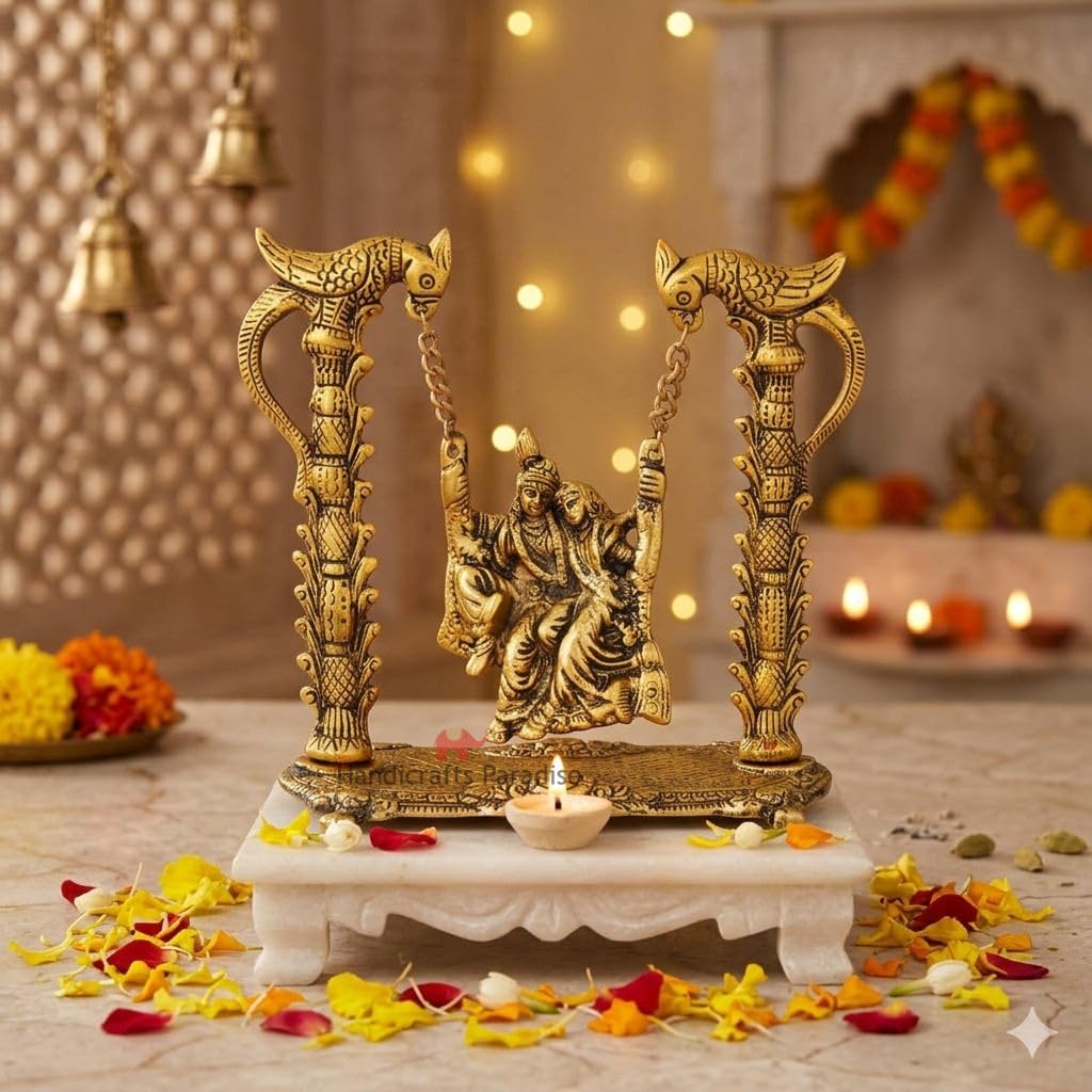 Gold Plated Metal Radha Krishna on Swing Idol (7 x 3.5 x 7 inch)