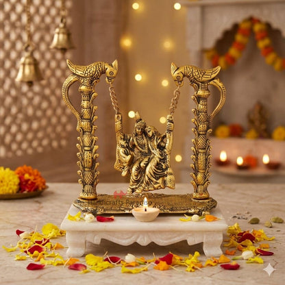 Gold Plated Metal Radha Krishna on Swing Idol (7 x 3.5 x 7 inch)