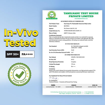 SUNSCREEN EFFICACY CERTIFICATE with 'In-Vivo Tested' and SPF 50+ PA++++ on a blue background