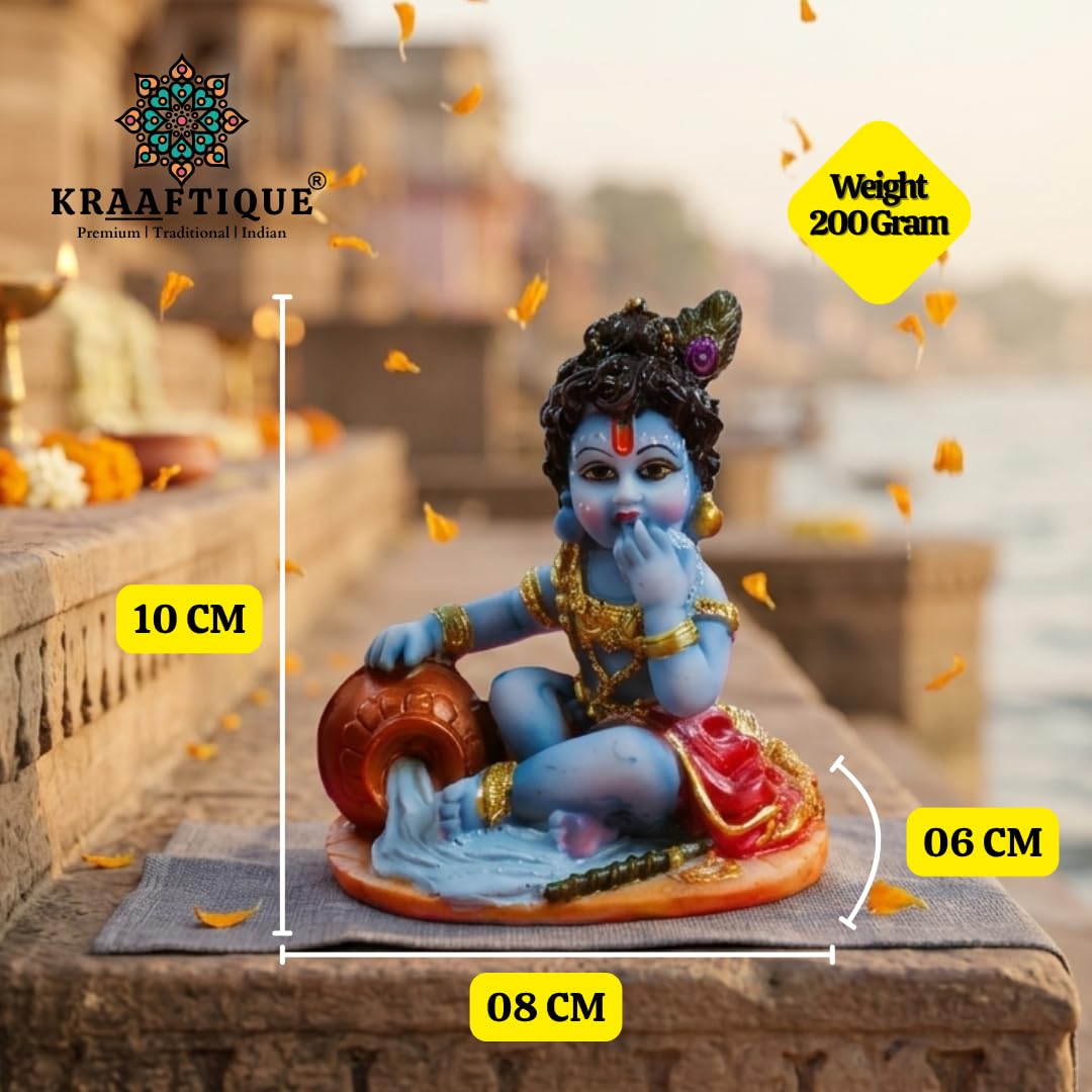 Bal Krishna Makhan Chor Idol 4 Inch | Kanha Ji Murti Marble Dust Statue | Bal Gopal Thakur Ji for Home Temple, Pooja Mandir Decor | Janmashtami Gift & Housewarming Decoration