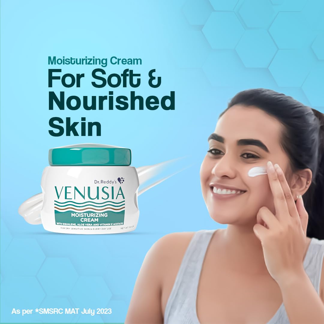 Dr. Reddy Venusia Moisturizing Cream With Aloe Vera, Vitamin E and Squalene, Everyday Use Cream, Smooth and Moisturized Skin for Long Hours, Non-Greasy