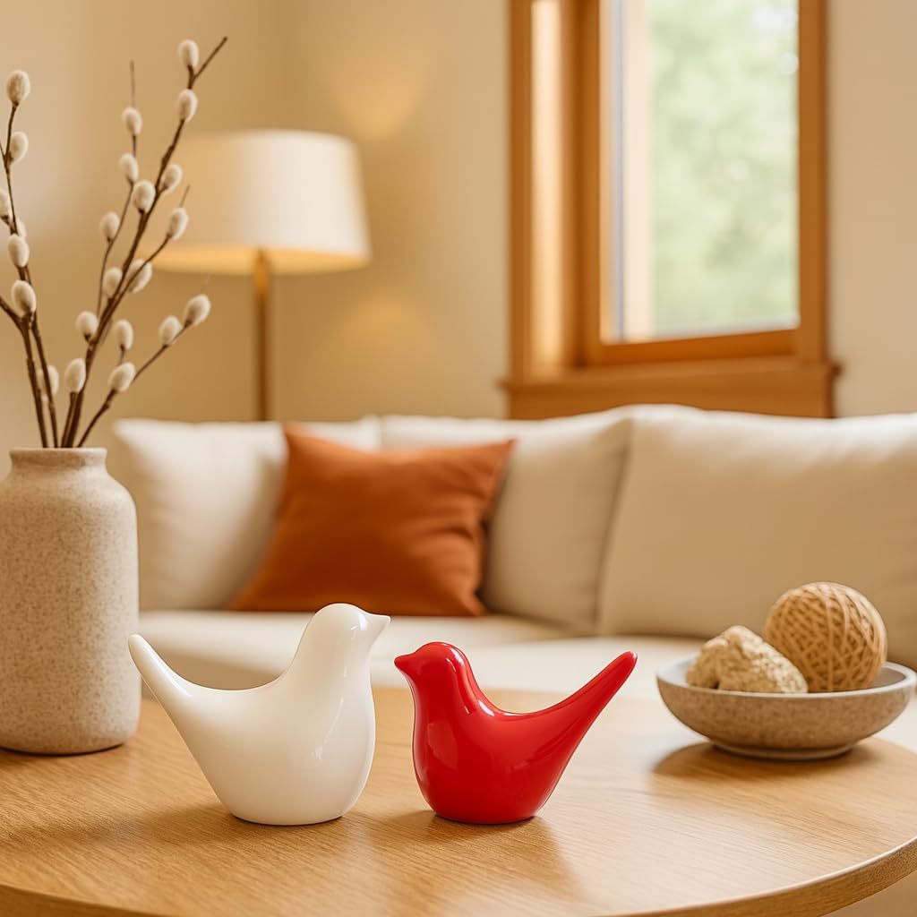 Creative White and Red Glossy Ceramic Birds Figurines Home Decorations Accessories Party (Pack of 2, White & Red)