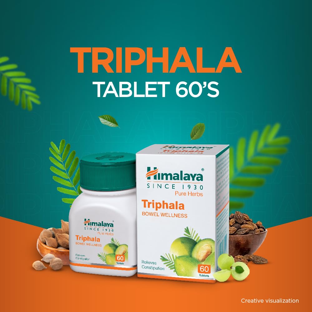 Himalaya Triphala tablet packaging with green leaves on a blue and orange background