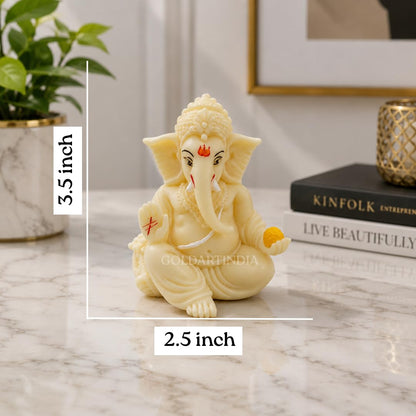 Gold Art India Ivory Finish Gaddi Ganesh Idol for Car Dashboard Small Ganesha Murti Ganpati Idol for Home Decor Puja Lord Ganesh Statue Gift for Office Desk Puja Room Figurine