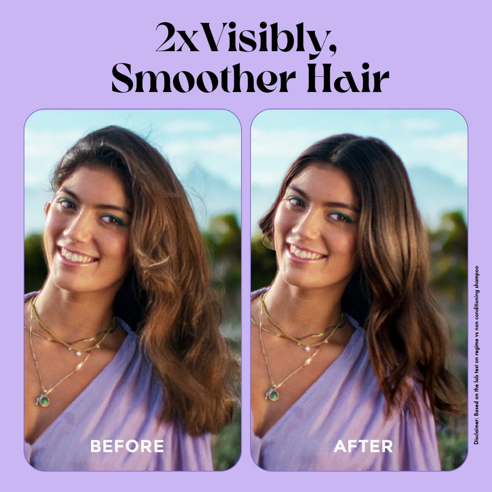 Before and after comparison of hair smoothing treatment with a woman outdoors.