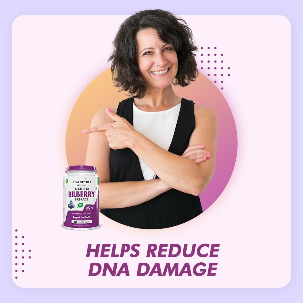 Woman pointing to a bottle of Natural Bilberry Extract with text on a colorful background