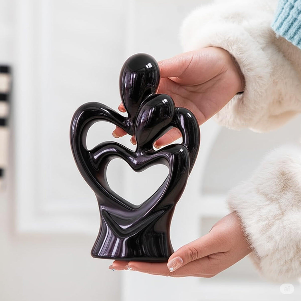 Hugging Couple Sculptures Ceramic Heart Shape Romantic Couple Statue Family Figurine Decorative Showpiece For Valentine Gift Living Room House Warming Anniversary Office & Home Décor (Black)