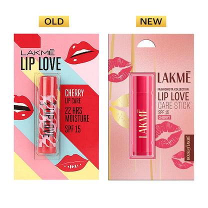 Lakme Lip Love Care Stick Cherry, with 10% Vitamin E Complex, nourished with Shea & Cocoa Butter and enriched with Almond & Jojoba Oil for 24hr moisturization in just 1 swipe, with SPF 15, 4.5g