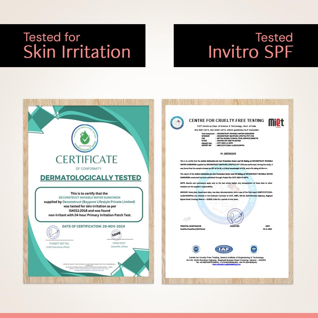 Two certified documents framed on a light background, one labeled 'Dermatologically Tested' and the other 'Invitro SPF'.