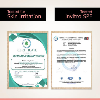 Two certified documents framed on a light background, one labeled 'Dermatologically Tested' and the other 'Invitro SPF'.