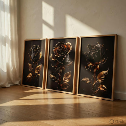 Black Gold Rose Wall Painting Set of 3 with Wooden Frames | Luxury Floral Artwork HD Sparkle Laminated MDF Wall Decor | Elegant Rose Wall Art for Living Room Bedroom Office