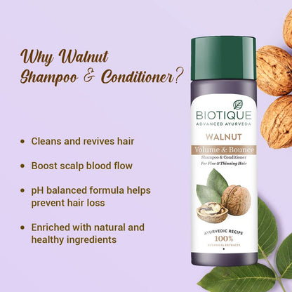 Biotique Walnut Volume and Bounce Shampoo and Conditioner | For Fine and Thinning Hair| Volumizing Shampoo for Thin Hair |100% Botanical Extracts |190ml