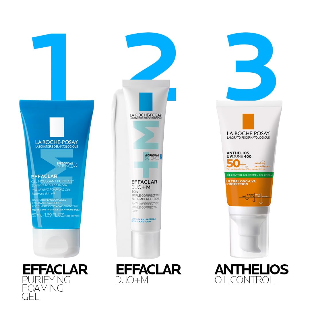 Three La Roche-Posay skincare products with labels and product names on a white background.