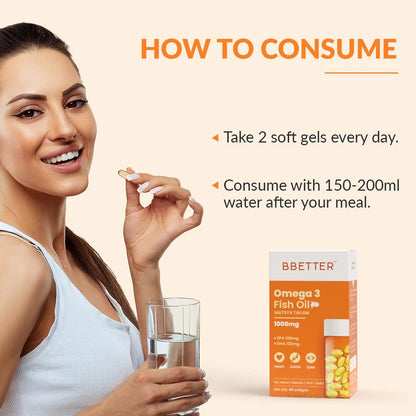 BBETTER Omega 3 Fish Oil Capsules 1000mg | Lab Tested Fish Oil Capsules | Lab Report Attached |High Absorption for Heart, Joints, Eyes & Brain | No Fishy Burps |180 EPA :120 DHA | 60 Softgels