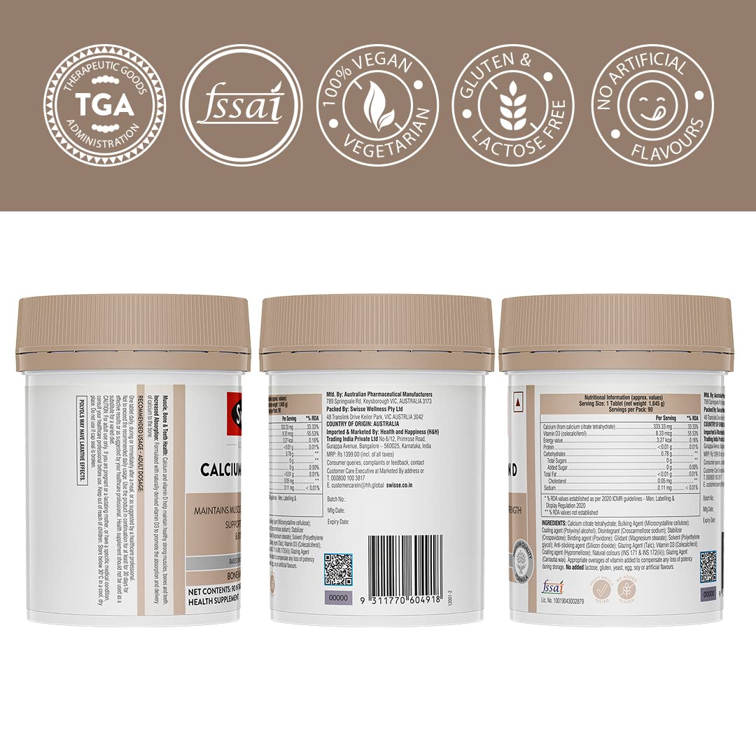 Zephivo Swisse Calcium + Vitamin D - Supports Stronger Bones, Immunity & Muscle Health, Manufactured In Australia - Pack of 90 Tablets (1 Tablet Per Serving)