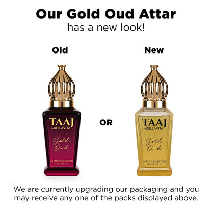 Comparison of old and new TAAJ Gold Oud Attar packaging on a white background.