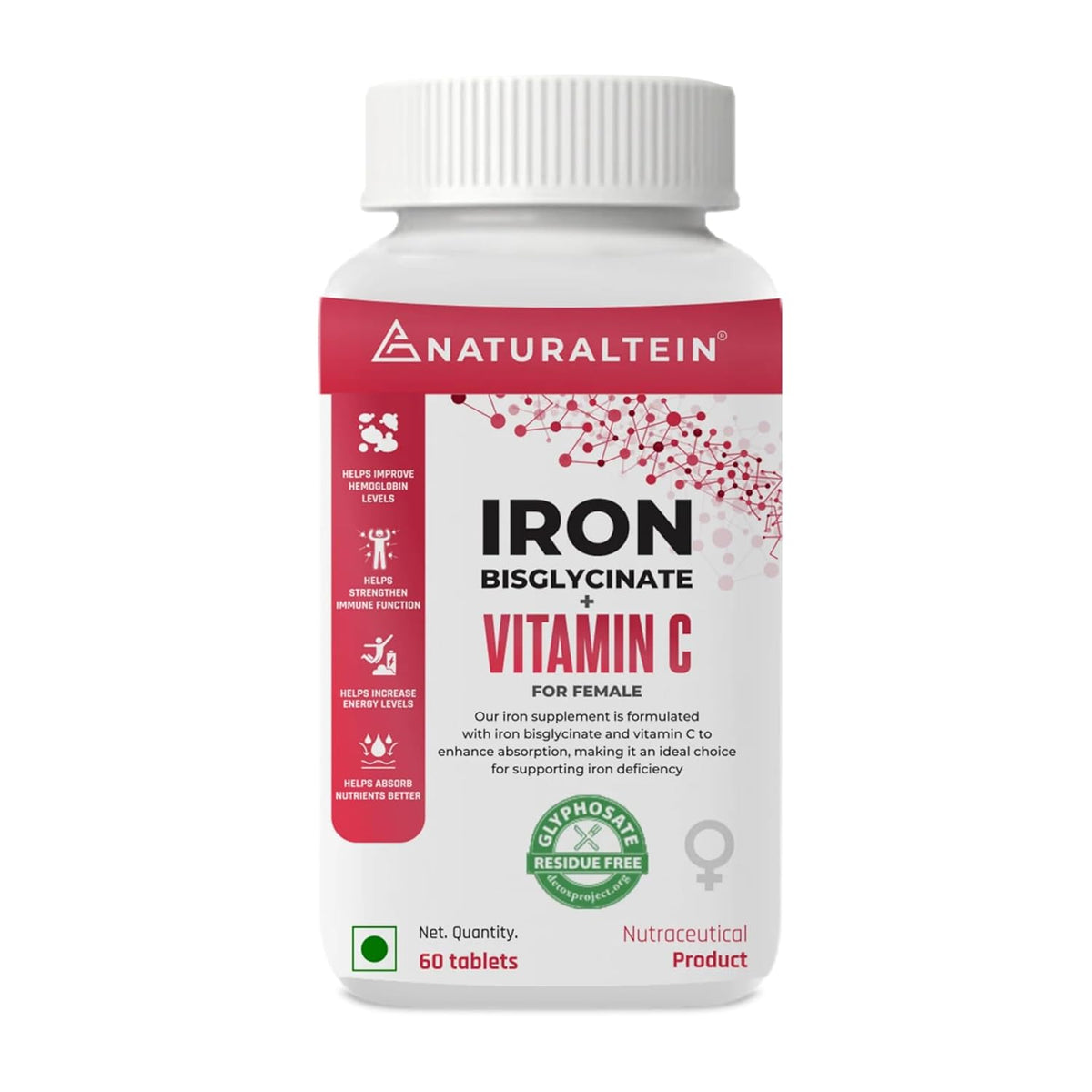 Supplement bottle labeled 'Naturaltein' with iron bisglycinate and vitamin C for females on a white background.