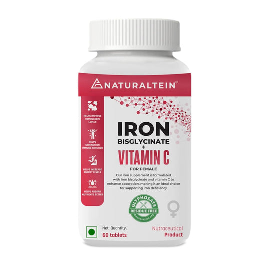 Supplement bottle labeled 'Naturaltein' with iron bisglycinate and vitamin C for females on a white background.