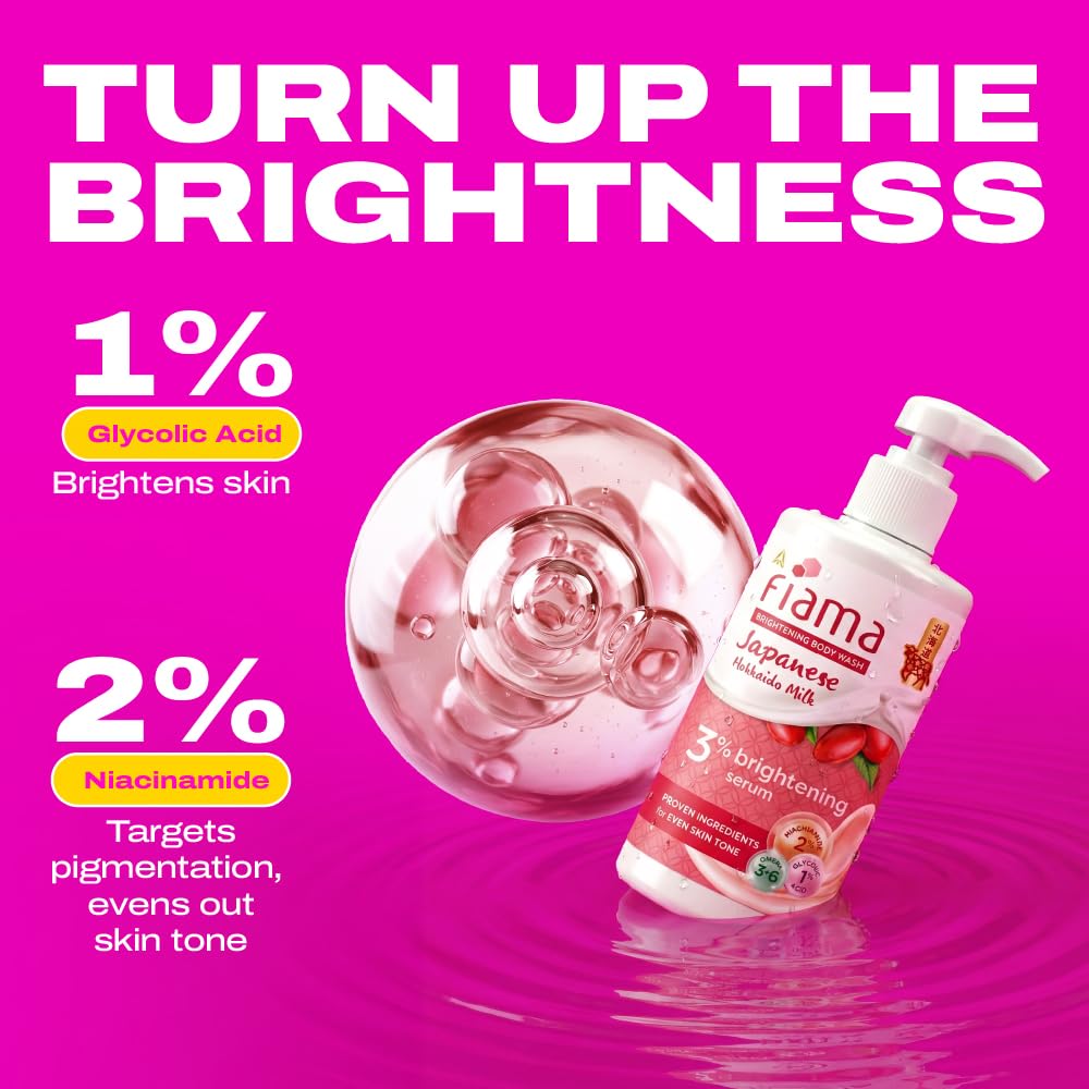 Fiama 3% Brightening Serum Body Wash 250ml | 2% Niacinamide, 1% Glycolic Acid, Omega 3 & 6 Fatty Acids Shower Gel, Fights Dullness & Evens Skin tone | Exotic Japanese Hokkaido Milk, Raspberry Smoothie Fragrance