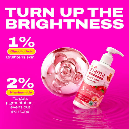 Fiama 3% Brightening Serum Body Wash 250ml | 2% Niacinamide, 1% Glycolic Acid, Omega 3 & 6 Fatty Acids Shower Gel, Fights Dullness & Evens Skin tone | Exotic Japanese Hokkaido Milk, Raspberry Smoothie Fragrance