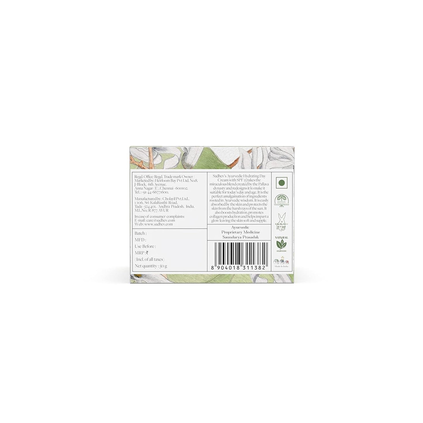 Sadhev Ayurvedic Hydrating Day Cream SPF 15 with Goodness of Tanaka, Ashwagandha & Moringa Seed Oil - 50gm (Pack of 1)_GWP