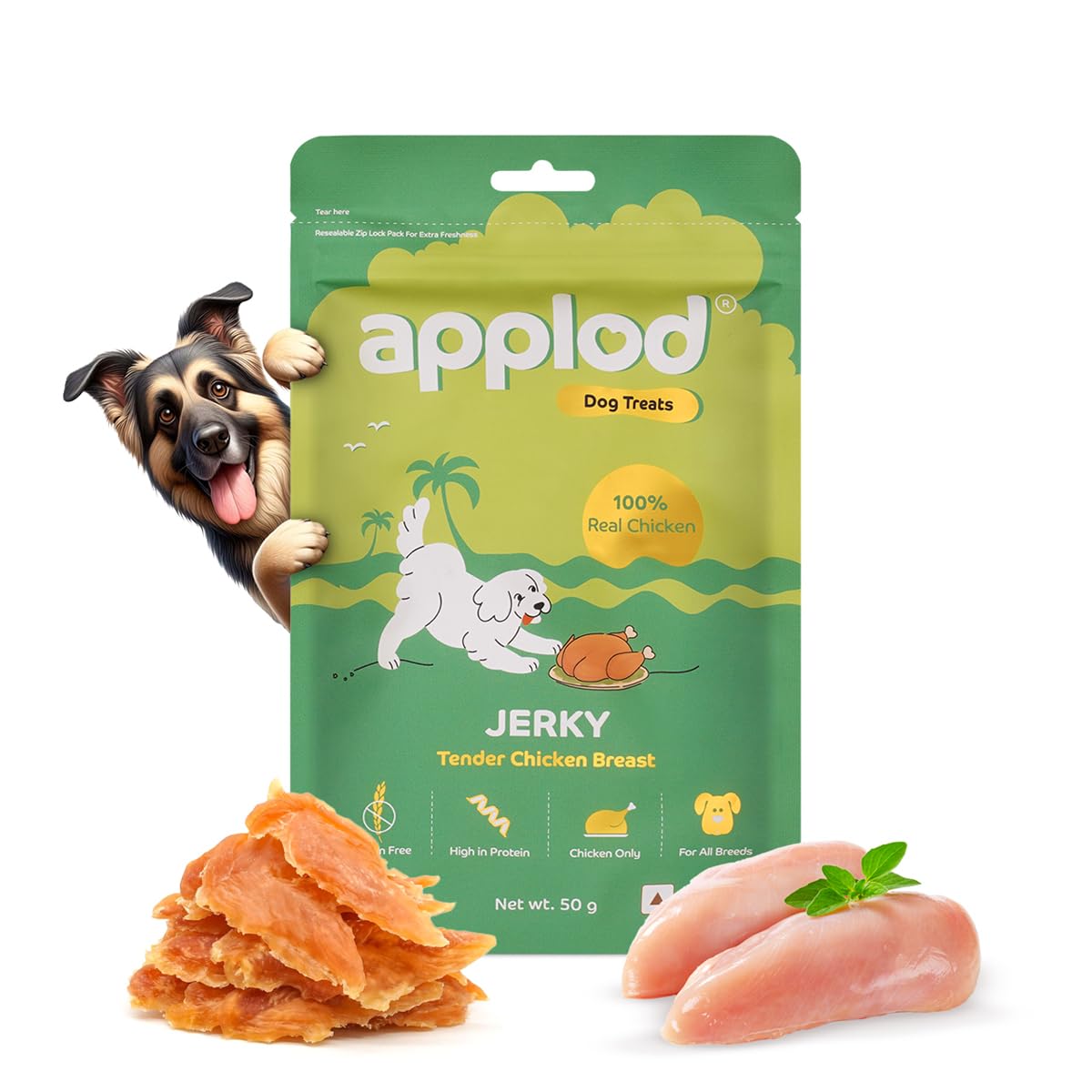 Applod Tender Chicken Jerky Breast Dog Treats | Made with Real Chicken Breast | High-Protein, Low-Fat Grain-Free Reward Snacks for Dogs | 50g