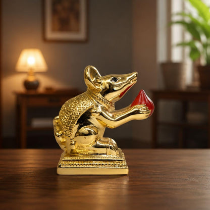 Gold Art India Gold-Plated Mushak (Mooshak) Mouse Pair with Modak | Orange Terracotta Finish | Mouse Idol | Vehicle (Vahana) of Lord Ganesha | 2.5 Inch Height | Mandir (Set of 2 pcs)