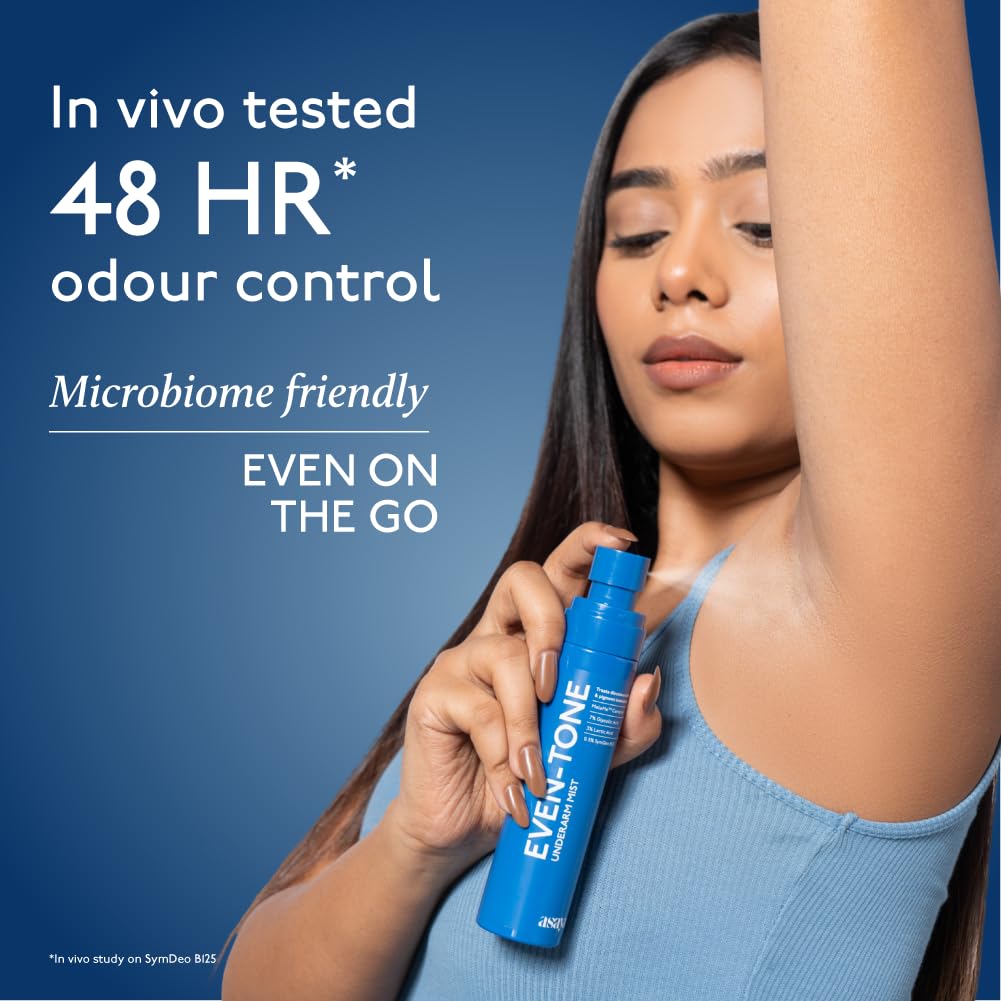 Woman holding a blue bottle labeled 'EVEN-TONE' against a blue background with text about odor control.